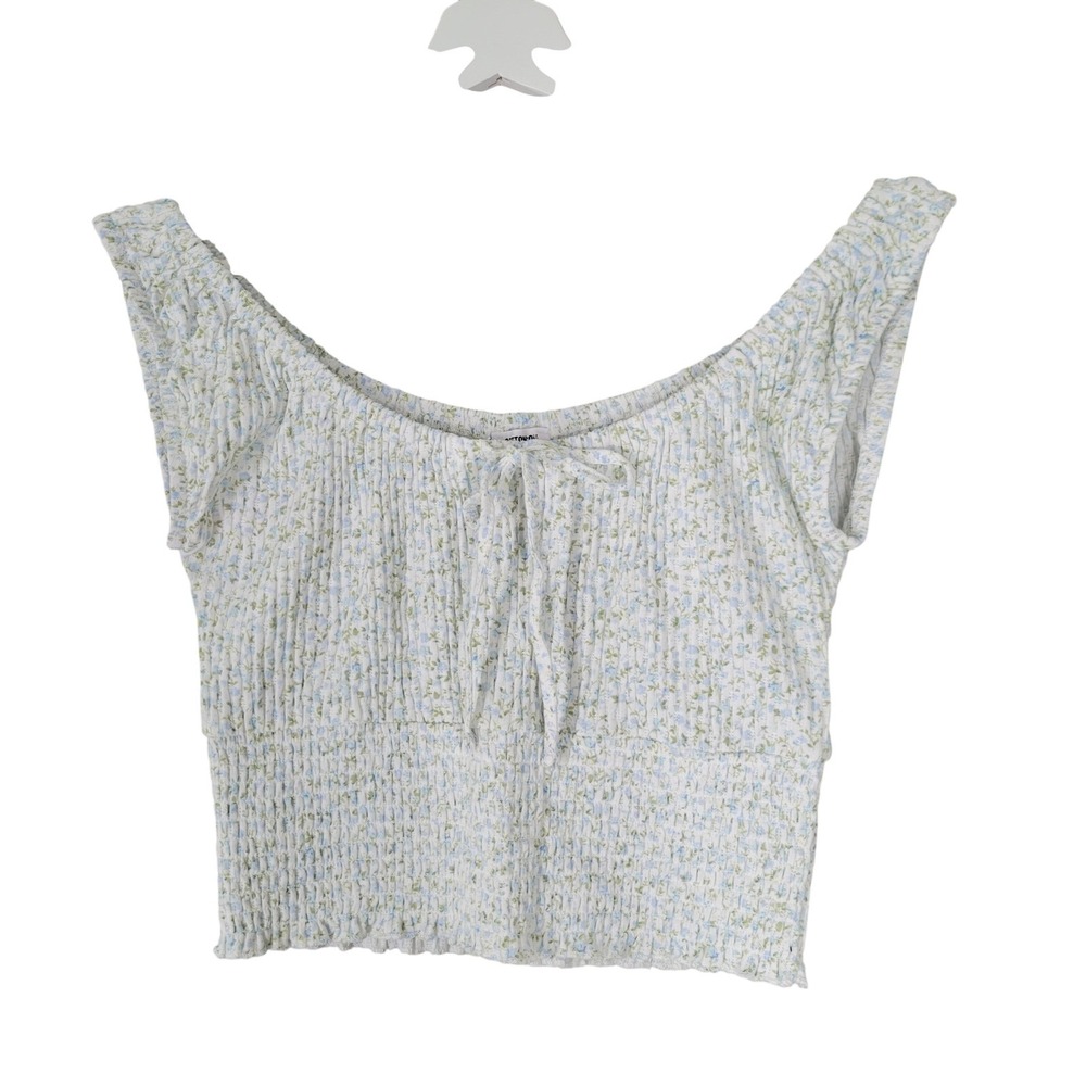 Cotton On Floral Crop Top Womens Medium White Blue‎ Smocked Ditsy Tie Front Ribb